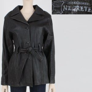 L G Vintage Creaciones Negrete Black Sheepskin Leather Jacket Mexico 3/4 Length
